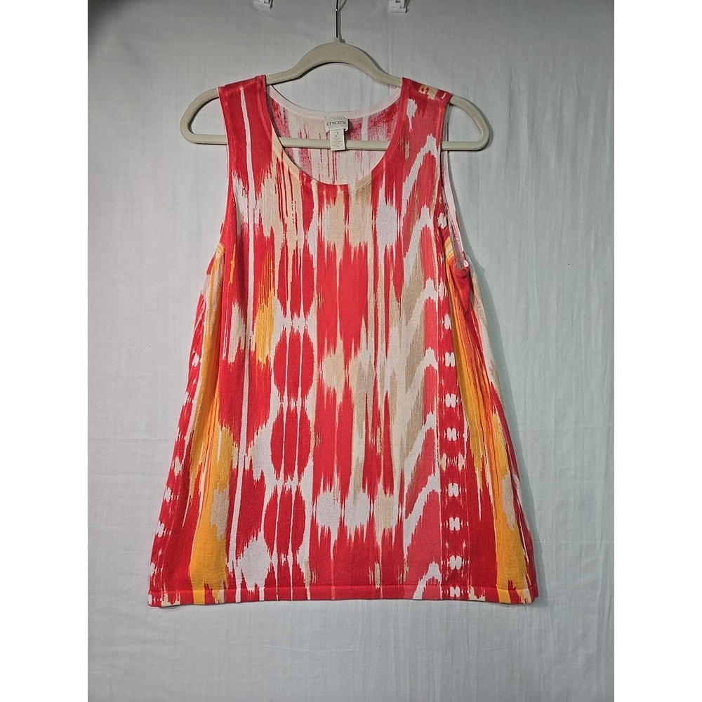 Chico's Tank Blouse Abstract Print Women's 2 (L) Orange Red Top Cotton Blend
